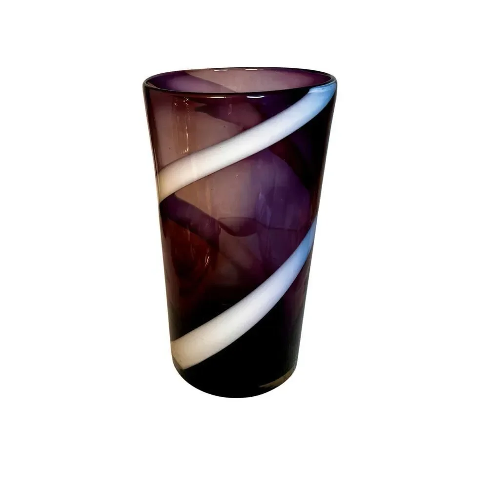 Vtg 1960’s Amethyst & White Swirl Cylindrical Wide Top Vase